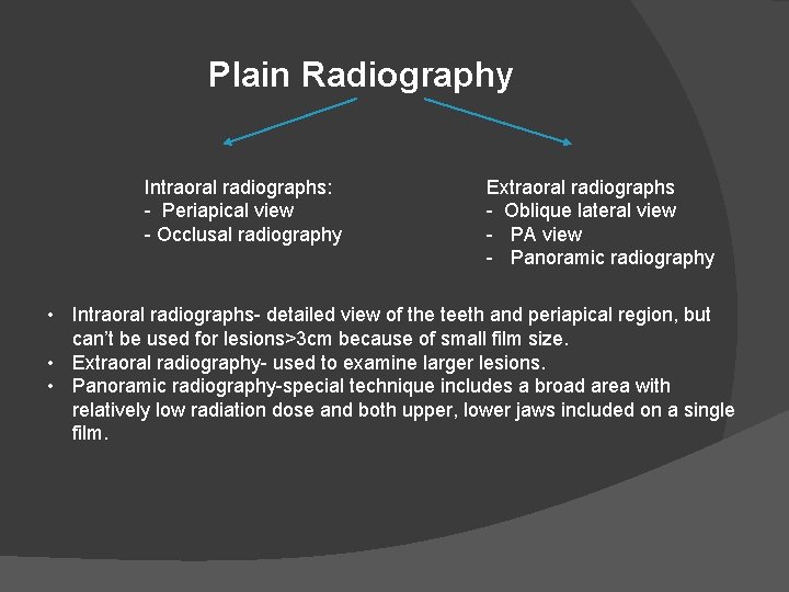 Plain Radiography Intraoral radiographs: - Periapical view - Occlusal radiography Extraoral radiographs - Oblique