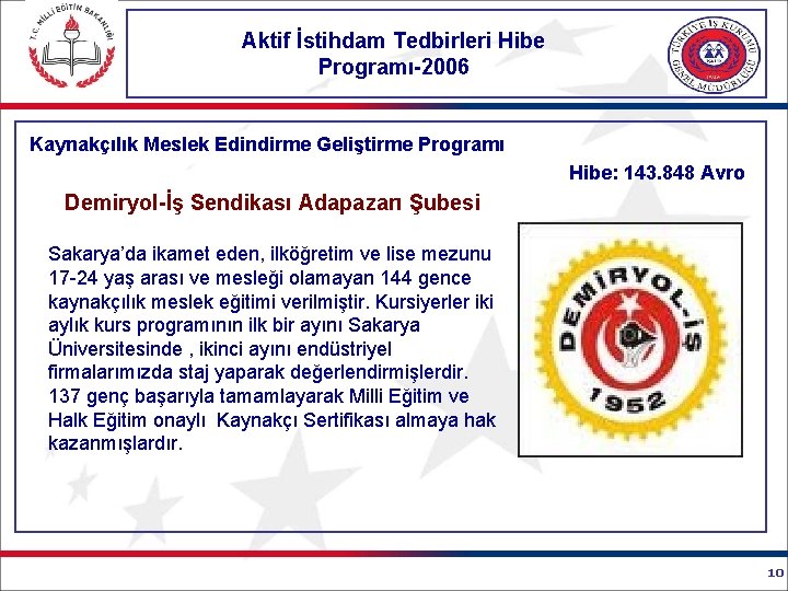 Aktif İstihdam Tedbirleri Hibe Programı-2006 Kaynakçılık Meslek Edindirme Geliştirme Programı Hibe: 143. 848 Avro