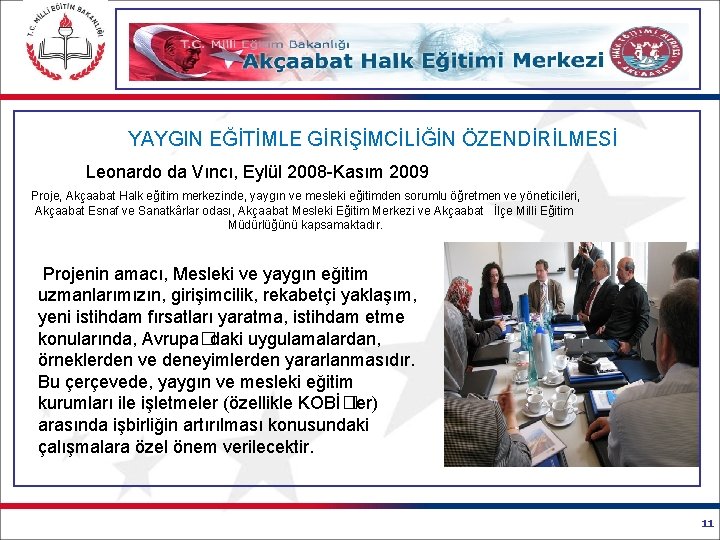 YAYGIN EĞİTİMLE GİRİŞİMCİLİĞİN ÖZENDİRİLMESİ Leonardo da Vıncı, Eylül 2008 -Kasım 2009 Proje, Akçaabat Halk