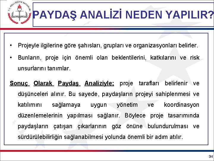 PAYDAŞ ANALİZİ NEDEN YAPILIR? • Projeyle ilgilerine göre şahısları, grupları ve organizasyonları belirler. •