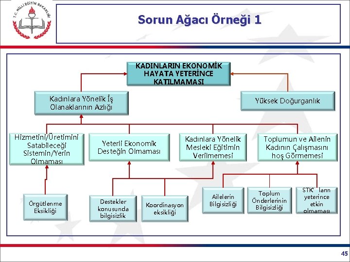 Sorun Ağacı Örneği 1 KADINLARIN EKONOMİK HAYATA YETERİNCE KATILMAMASI Kadınlara Yönelik İş Olanaklarının Azlığı