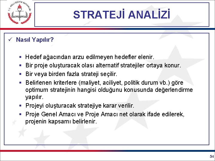 STRATEJİ ANALİZİ ü Nasıl Yapılır? § § Hedef ağacından arzu edilmeyen hedefler elenir. Bir