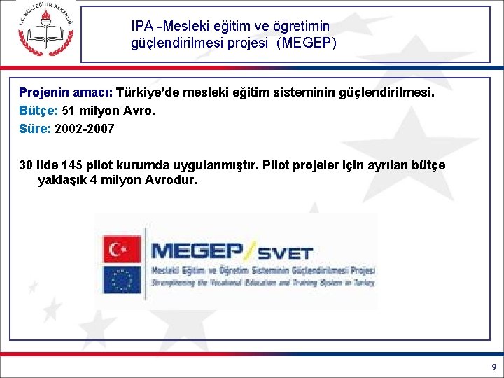 IPA -Mesleki eğitim ve öğretimin güçlendirilmesi projesi (MEGEP) Projenin amacı: Türkiye’de mesleki eğitim sisteminin