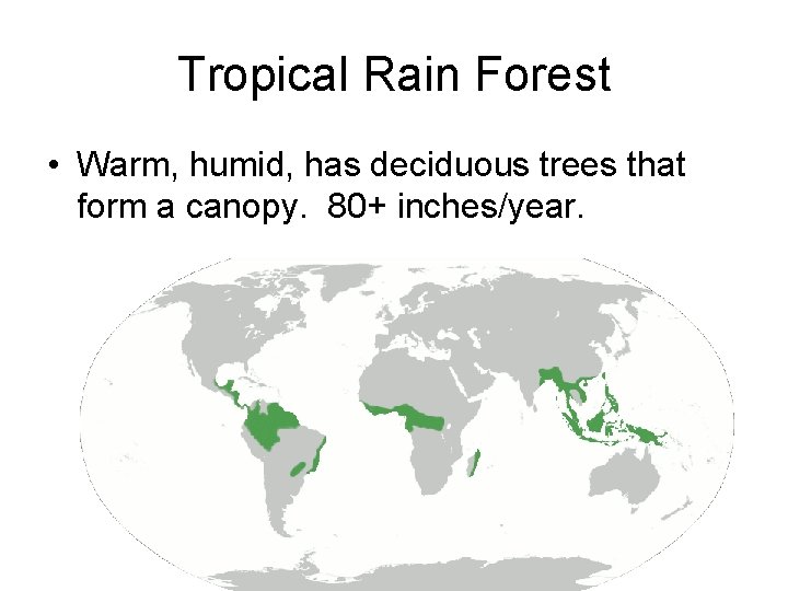 Tropical Rain Forest • Warm, humid, has deciduous trees that form a canopy. 80+
