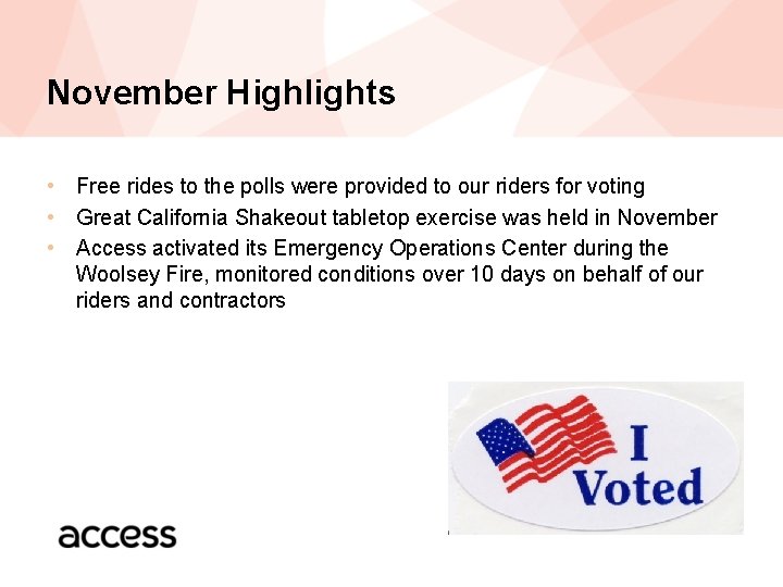 November Highlights • Free rides to the polls were provided to our riders for