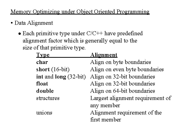 Memory Optimizing under Object Oriented Programming • Data Alignment · Each primitive type under