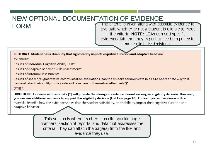 NEW OPTIONAL DOCUMENTATION OF EVIDENCE The criteria is given along with possible evidence to