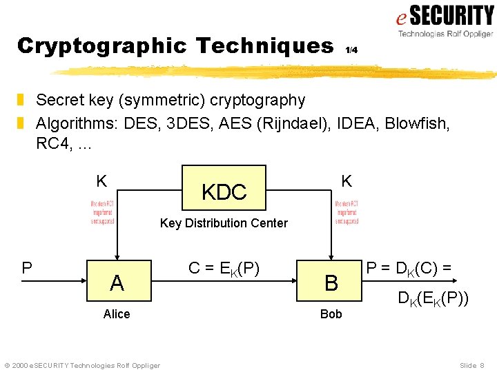 Cryptographic Techniques 1/4 z Secret key (symmetric) cryptography z Algorithms: DES, 3 DES, AES