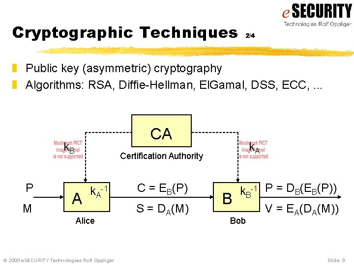 Cryptographic Techniques 2/4 z Public key (asymmetric) cryptography z Algorithms: RSA, Diffie-Hellman, El. Gamal,