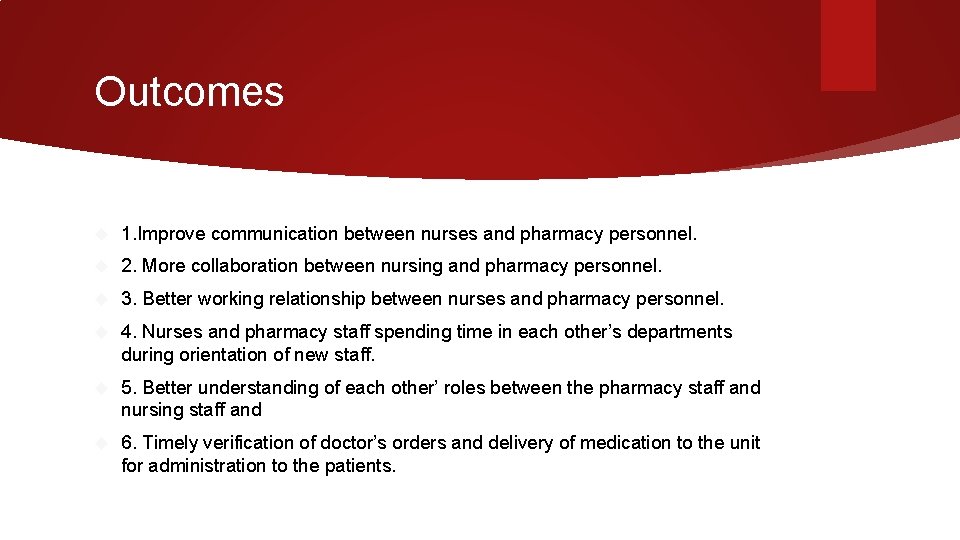 Outcomes 1. Improve communication between nurses and pharmacy personnel. 2. More collaboration between nursing