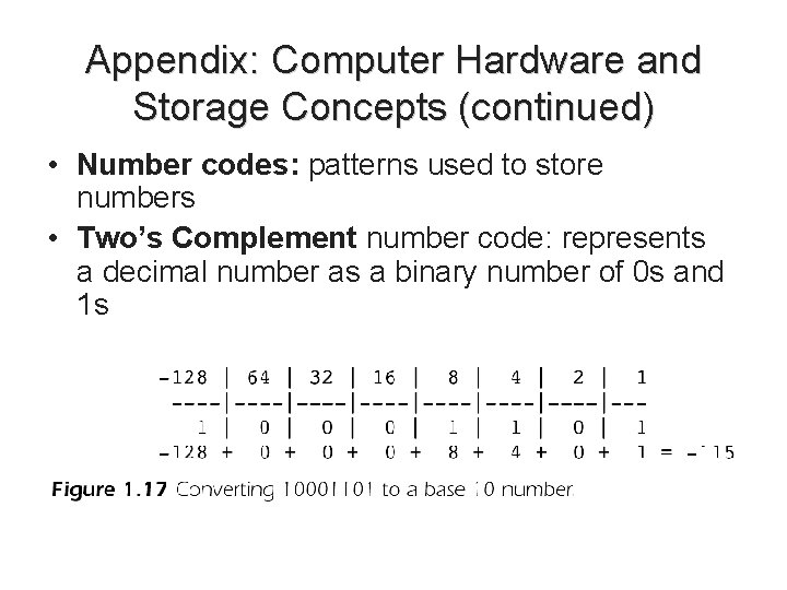 Appendix: Computer Hardware and Storage Concepts (continued) • Number codes: patterns used to store Appendix: Computer Hardware and Storage Concepts (continued) • Number codes: patterns used to store