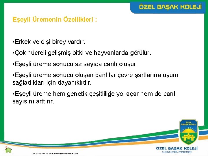 Eşeyli Üremenin Özellikleri : • Erkek ve dişi birey vardır. • Çok hücreli gelişmiş