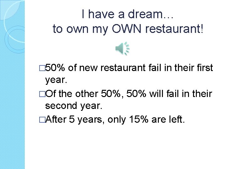 I have a dream… to own my OWN restaurant! � 50% of new restaurant