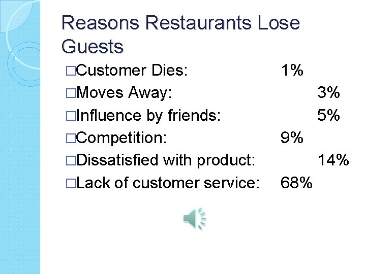 Reasons Restaurants Lose Guests �Customer Dies: �Moves Away: �Influence by friends: �Competition: �Dissatisfied with