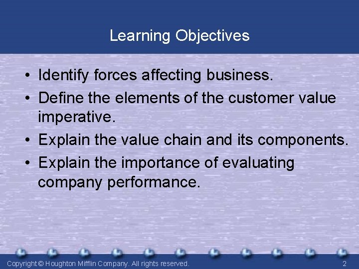 Learning Objectives • Identify forces affecting business. • Define the elements of the customer