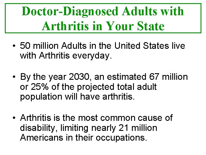 Doctor-Diagnosed Adults with Arthritis in Your State • 50 million Adults in the United