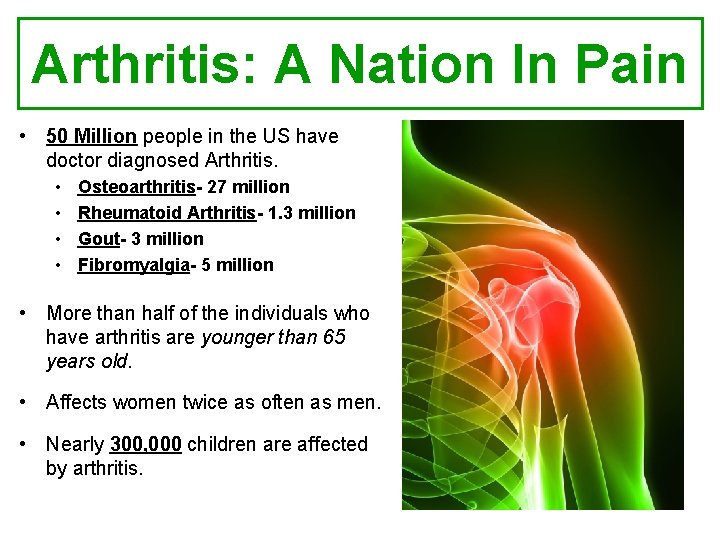 Arthritis: A Nation In Pain • 50 Million people in the US have doctor
