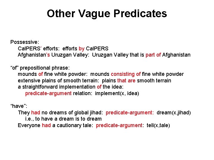 Other Vague Predicates Possessive: Cal. PERS’ efforts: efforts by Cal. PERS Afghanistan’s Uruzgan Valley: