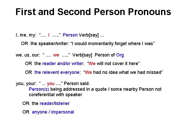 First and Second Person Pronouns I, me, my: “. . I. . , ”