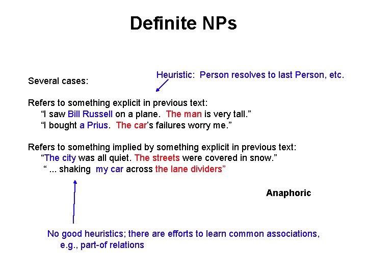 Definite NPs Several cases: Heuristic: Person resolves to last Person, etc. Refers to something