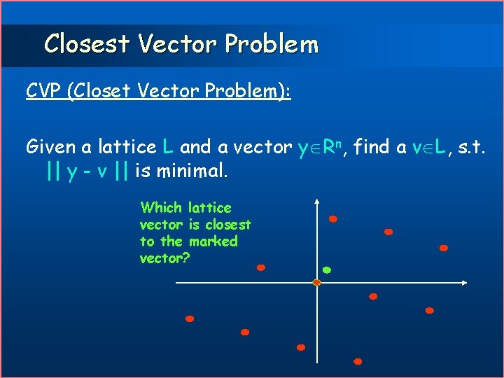 Closest Vector Problem CVP (Closet Vector Problem): Given a lattice L and a vector