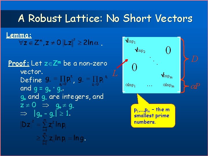 A Robust Lattice: No Short Vectors Lemma: lnp 1 . Proof: Let be a