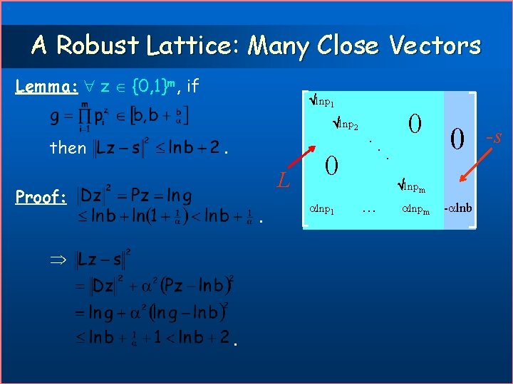 A Robust Lattice: Many Close Vectors Lemma: z {0, 1}m, if lnp 1 lnp