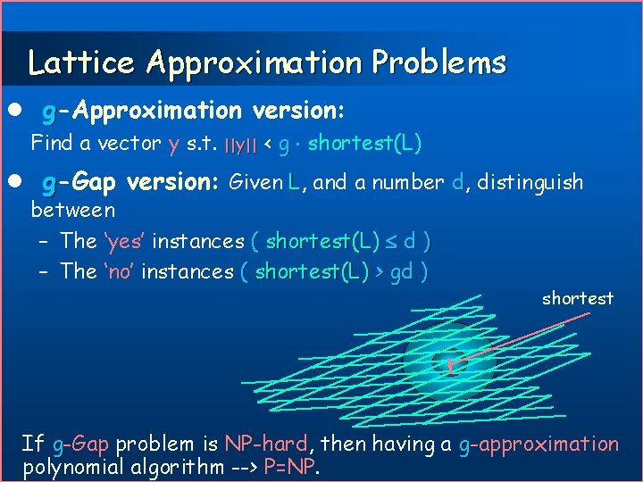 Lattice Approximation Problems l g-Approximation version: Find a vector y s. t. ||y|| <