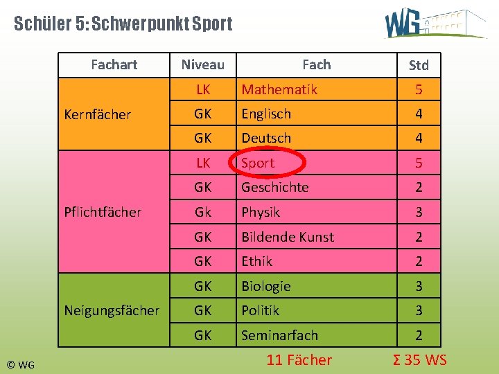 Schüler 5: Schwerpunkt Sport Fachart Kernfächer Pflichtfächer Neigungsfächer © WG Niveau Fach Std LK