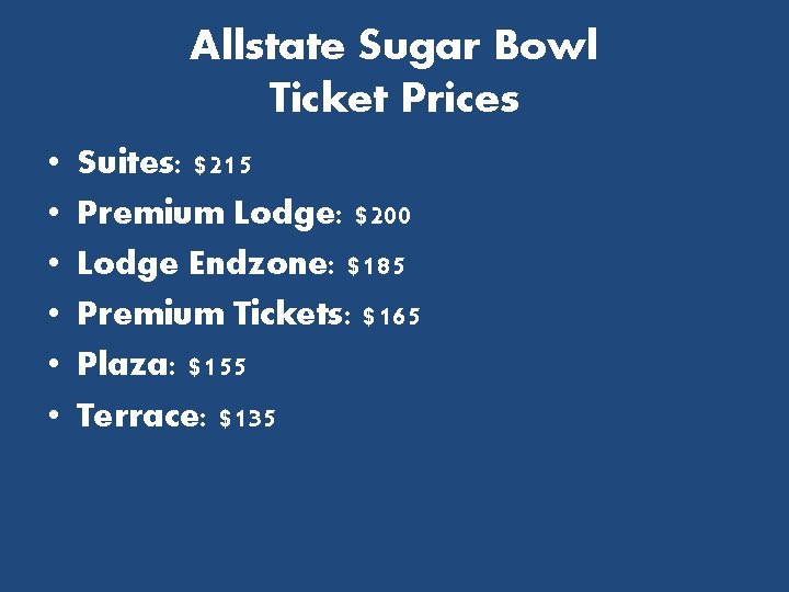 Allstate Sugar Bowl Ticket Prices • • • Suites: $215 Premium Lodge: $200 Lodge