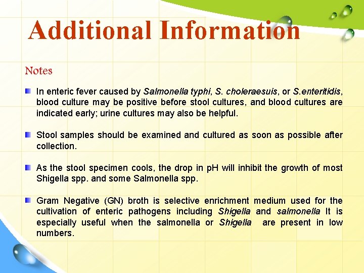 Additional Information Notes In enteric fever caused by Salmonella typhi, S. choleraesuis, or S.