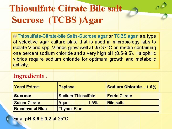 Thiosulfate Citrate Bile salt Sucrose (TCBS )Agar Thiosulfate-Citrate-bile Salts-Sucrose agar or TCBS agar is