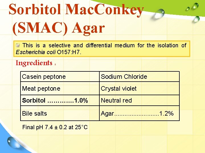 Sorbitol Mac. Conkey (SMAC) Agar This is a selective and differential medium for the