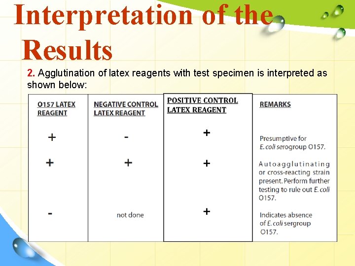 Interpretation of the Results 2. Agglutination of latex reagents with test specimen is interpreted