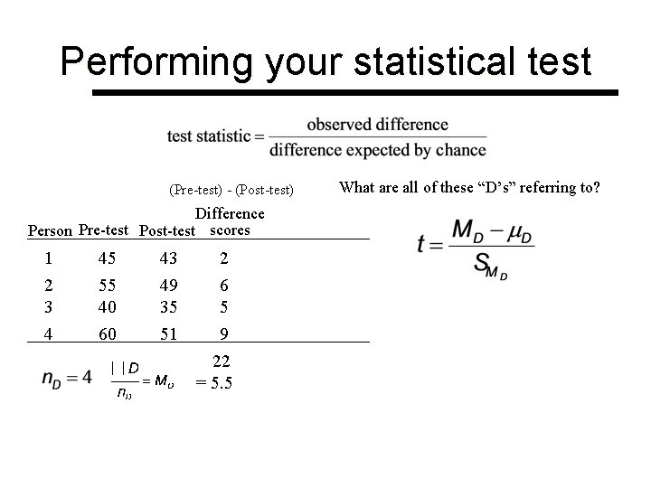 Performing your statistical test (Pre-test) - (Post-test) Difference Person Pre-test Post-test scores 1 2