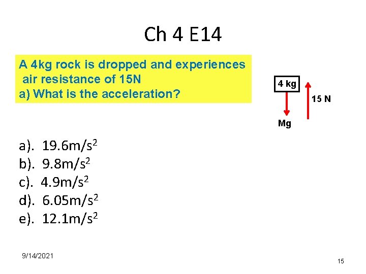 Ch 4 E 14 A 4 kg rock is dropped and experiences air resistance