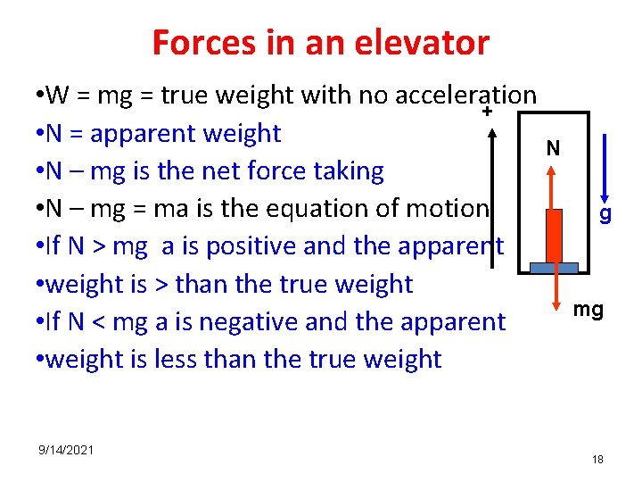 Forces in an elevator • W = mg = true weight with no acceleration
