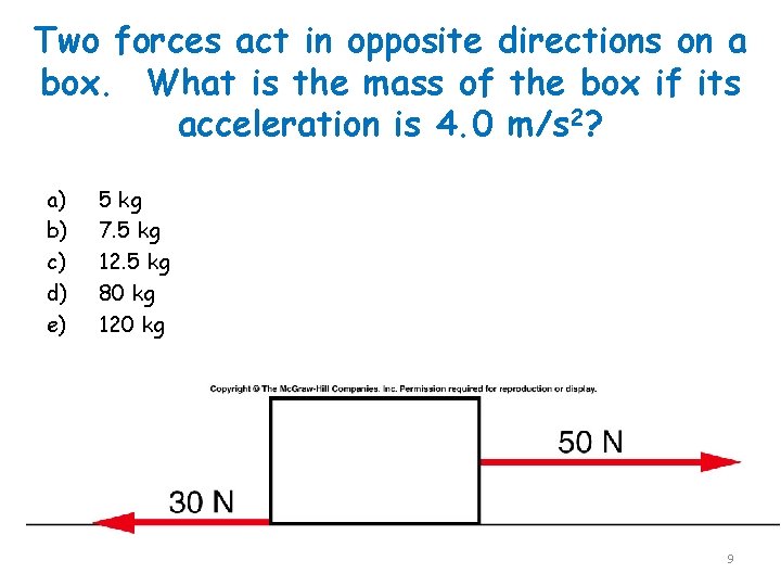 Two forces act in opposite directions on a box. What is the mass of