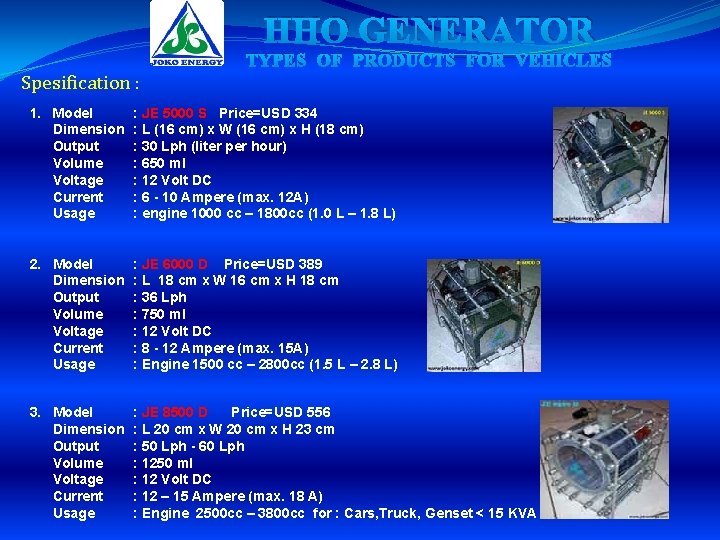HHO GENERATOR TYPES OF PRODUCTS FOR VEHICLES Spesification : 1. Model Dimension Output Volume