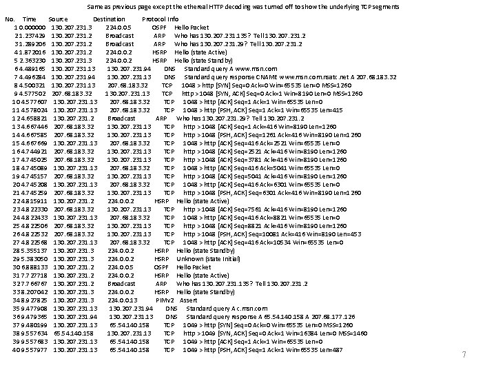 Same as previous page except the ethereal HTTP decoding was turned off to show
