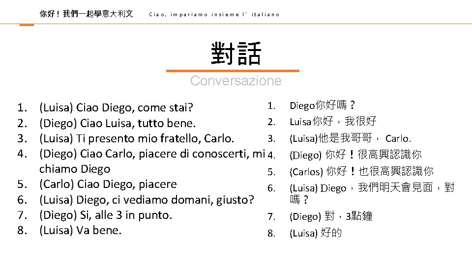 你好 ! 我們一起學意大利文 Ciao, impariamo insieme l’italiano 對話 Conversazione 1. 2. 3. 4. 5.