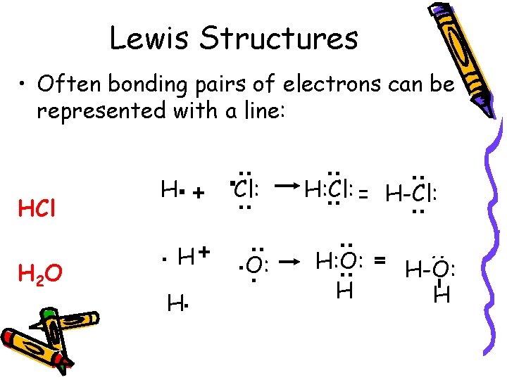 Lewis Structures • Often bonding pairs of electrons can be represented with a line: