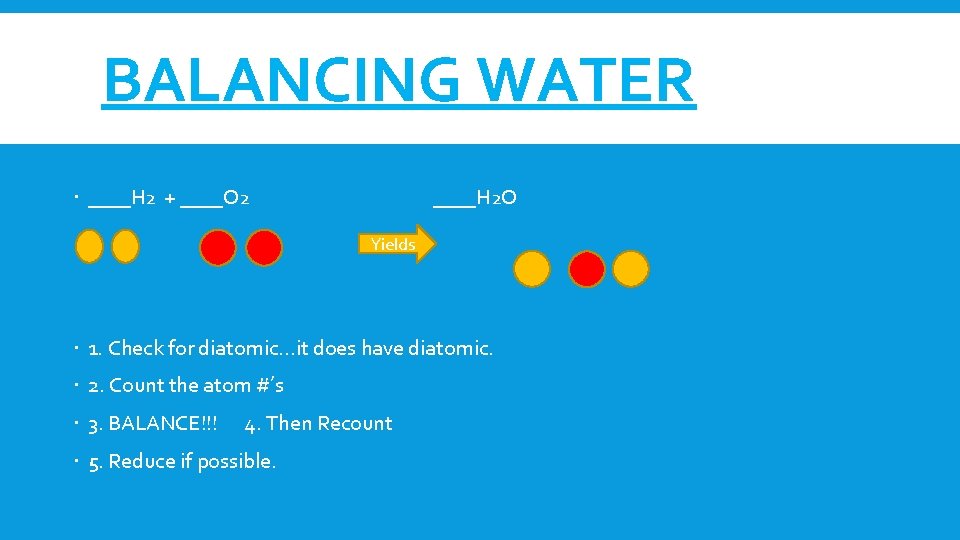 BALANCING WATER ____H 2 + ____O 2 ____H 2 O Yields 1. Check for