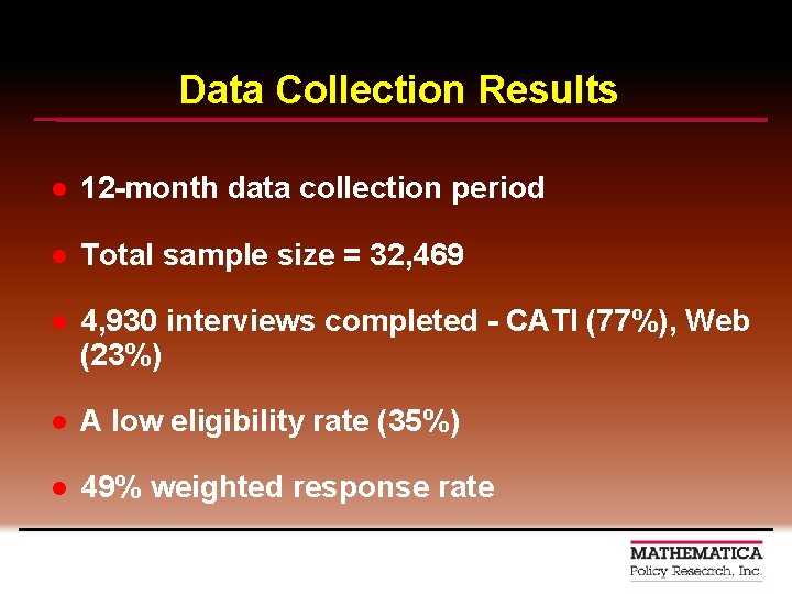 Data Collection Results l 12 -month data collection period l Total sample size =