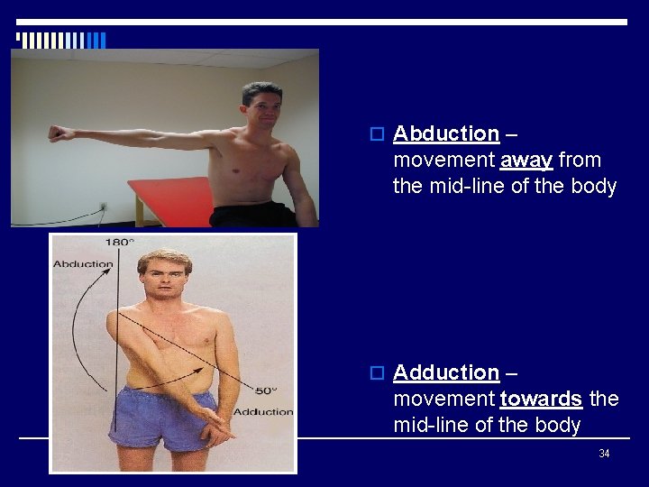 o Abduction – movement away from the mid-line of the body o Adduction –