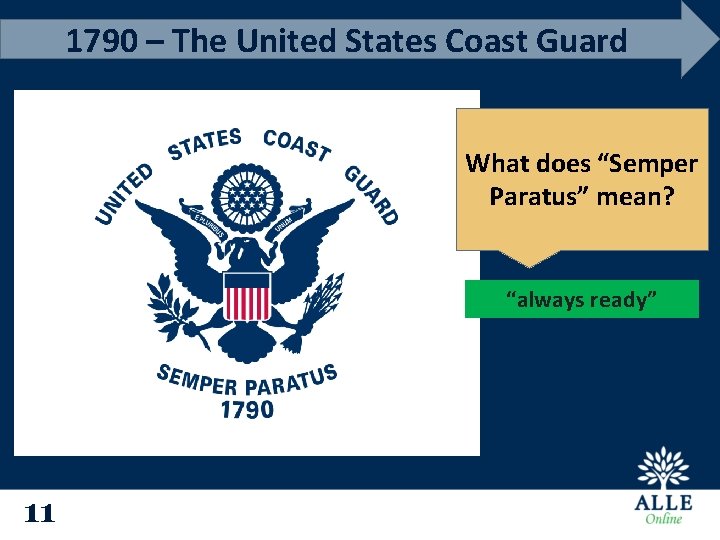 1790 – The United States Coast Guard What does “Semper Paratus” mean? “always ready”