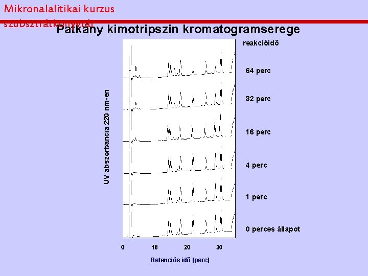 Mikronalalitikai kurzus szubsztrátkönyvtár Patkány kimotripszin kromatogramserege reakcióidő UV abszorbancia 220 nm-en 64 perc 32