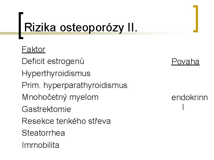 Rizika osteoporózy II. Faktor Deficit estrogenů Hyperthyroidismus Prim. hyperparathyroidismus Mnohočetný myelom Gastrektomie Resekce tenkého