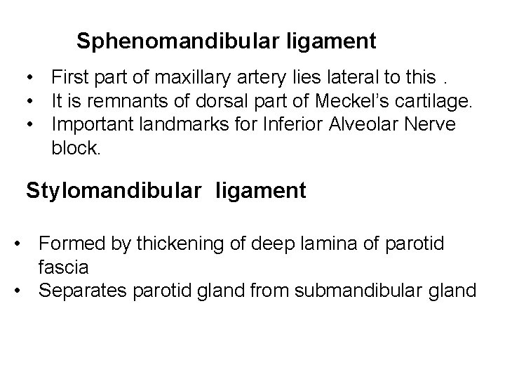 Sphenomandibular ligament • First part of maxillary artery lies lateral to this. • It