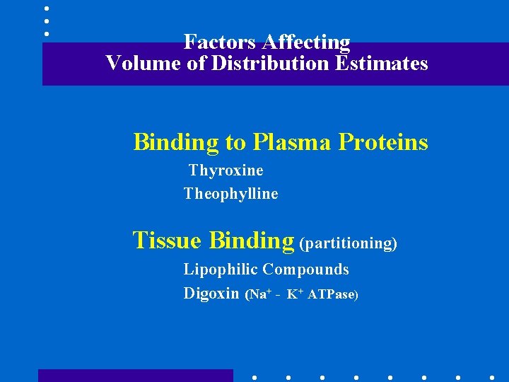 Factors Affecting Volume of Distribution Estimates Binding to Plasma Proteins Thyroxine Theophylline Tissue Binding